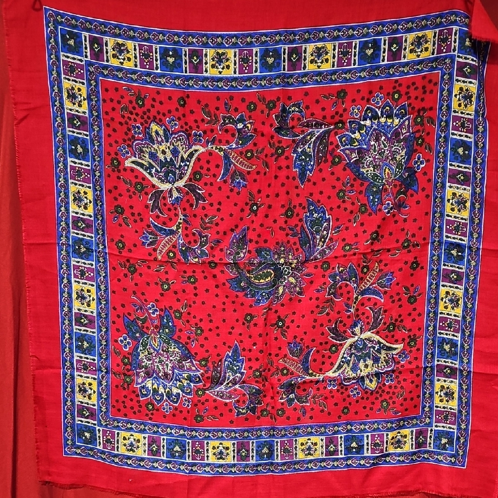 Red Floral Paisley Scarf with Blue Border